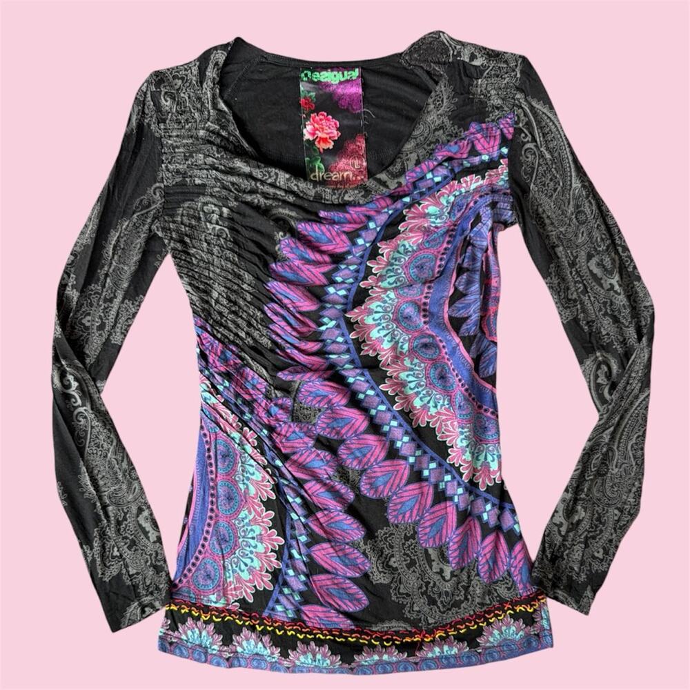 Y2K Desigual long sleeve cowl neck top with boho design and colorful embroidery